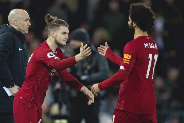 LIVERPOOL, ENGLAND - Thursday, January 2, 2020: Liverpool's Mohamed Salah is replaced by substitute Harvey Elliott during the FA Premier League match between Liverpool FC and Sheffield United FC at Anfield. (Pic by David Rawcliffe/Propaganda)