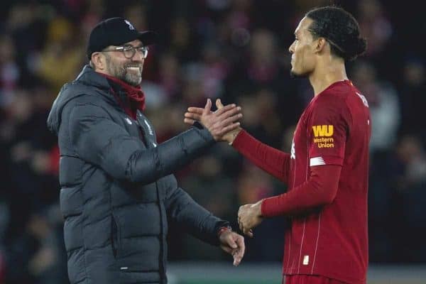 LIVERPOOL, ENGLAND - Thursday, January 2, 2020: Liverpool's manager Jürgen Klopp (L) celebrates with Virgil van Dijk after the FA Premier League match between Liverpool FC and Sheffield United FC at Anfield. Liverpool won 2-0. (Pic by David Rawcliffe/Propaganda)