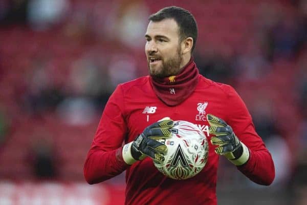 LIVERPOOL, ENGLAND - Sunday, January 5, 2020: Liverpool's goalkeeper Andy Lonergan during the pre-match warm-up before the FA Cup 3rd Round match between Liverpool FC and Everton FC, the 235th Merseyside Derby, at Anfield. (Pic by David Rawcliffe/Propaganda)