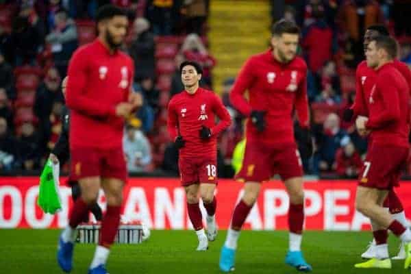 LIVERPOOL, ENGLAND - Sunday, January 5, 2020: Liverpool's new signing Japan international Takumi Minamino during the pre-match warm-up before the FA Cup 3rd Round match between Liverpool FC and Everton FC, the 235th Merseyside Derby, at Anfield. (Pic by David Rawcliffe/Propaganda)