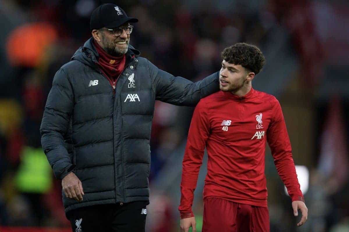 LIVERPOOL, ENGLAND - Sunday, January 5, 2020: Liverpool's Neco Williams (R) and manager Ju?rgen Klopp before the FA Cup 3rd Round match between Liverpool FC and Everton FC, the 235th Merseyside Derby, at Anfield. (Pic by David Rawcliffe/Propaganda)