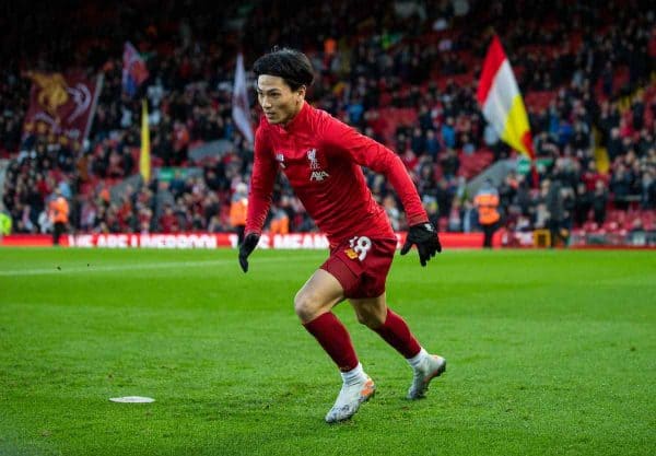 LIVERPOOL, ENGLAND - Sunday, January 5, 2020: Liverpool's new signing Japan international Takumi Minamino during the pre-match warm-up before the FA Cup 3rd Round match between Liverpool FC and Everton FC, the 235th Merseyside Derby, at Anfield. (Pic by David Rawcliffe/Propaganda)