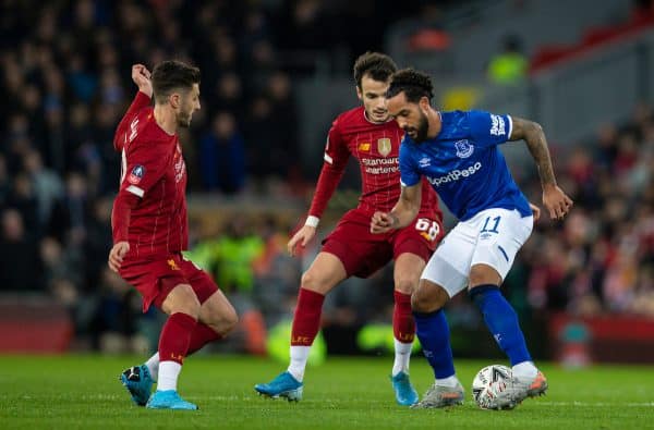 LIVERPOOL, ENGLAND - Sunday, January 5, 2020: Liverpool's Adam Lallana (L), Pedro Chirivella (C) and Everton's Theo Walcott during the FA Cup 3rd Round match between Liverpool FC and Everton FC, the 235th Merseyside Derby, at Anfield. (Pic by David Rawcliffe/Propaganda)