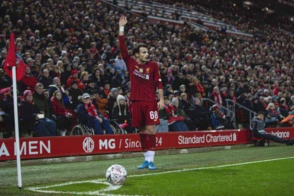 LIVERPOOL, ENGLAND - Sunday, January 5, 2020: Liverpool's Pedro Chirivella takes a corner-kick during the FA Cup 3rd Round match between Liverpool FC and Everton FC, the 235th Merseyside Derby, at Anfield. (Pic by David Rawcliffe/Propaganda)