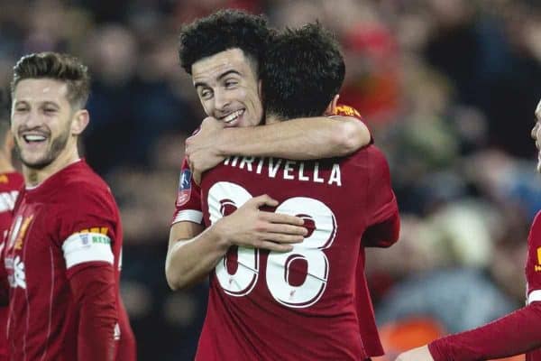 LIVERPOOL, ENGLAND - Sunday, January 5, 2020: Liverpool's Curtis Jones celebrates with team-mate Pedro Chirivella after scoring the winning goal, his first for the club, during the FA Cup 3rd Round match between Liverpool FC and Everton FC, the 235th Merseyside Derby, at Anfield. Liverpool won 1-0. (Pic by David Rawcliffe/Propaganda)