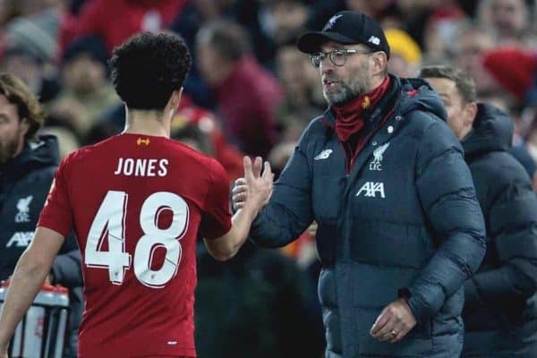 LIVERPOOL, ENGLAND - Sunday, January 5, 2020: Liverpool's Curtis Jones celebrates with manager Ju?rgen Klopp after scoring the winning goal, his first for the club, during the FA Cup 3rd Round match between Liverpool FC and Everton FC, the 235th Merseyside Derby, at Anfield. Liverpool won 1-0. (Pic by David Rawcliffe/Propaganda)