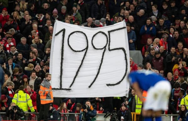 LIVERPOOL, ENGLAND - Sunday, January 5, 2020: Liverpool supporters hold up a banner "1995" - the last time Everton won a trophy - after knocking them out of the FA Cup with a 1-0 victory during the FA Cup 3rd Round match between Liverpool FC and Everton FC, the 235th Merseyside Derby, at Anfield. (Pic by David Rawcliffe/Propaganda)