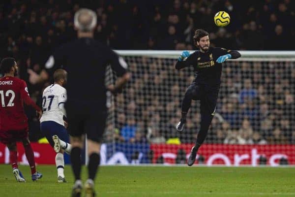 LONDON, ENGLAND - Saturday, January 11, 2020: Liverpool's goalkeeper Alisson Becker heads the ball during the FA Premier League match between Tottenham Hotspur FC and Liverpool FC at the Tottenham Hotspur Stadium. (Pic by David Rawcliffe/Propaganda)