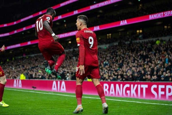 LONDON, ENGLAND - Saturday, January 11, 2020: Liverpool's Roberto Firmino celebrates after scoring the winning goal with team-mate Sadio Mané (L) during the FA Premier League match between Tottenham Hotspur FC and Liverpool FC at the Tottenham Hotspur Stadium. Liverpool won 1-0. (Pic by David Rawcliffe/Propaganda)