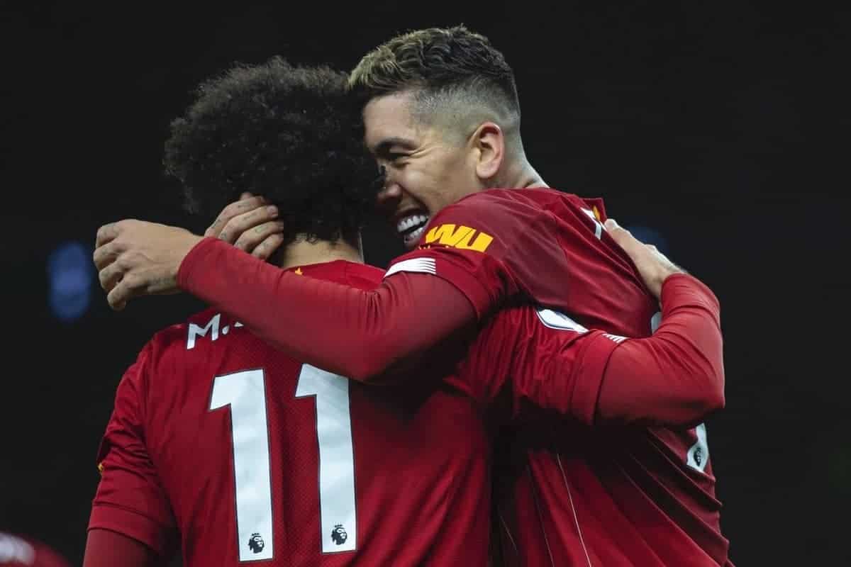 LONDON, ENGLAND - Saturday, January 11, 2020: Liverpool's Roberto Firmino celebrates after scoring the winning goal with team-mate Mohamed Salah (L) during the FA Premier League match between Tottenham Hotspur FC and Liverpool FC at the Tottenham Hotspur Stadium. Liverpool won 1-0. (Pic by David Rawcliffe/Propaganda)