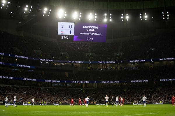 LONDON, ENGLAND - Saturday, January 11, 2020: The scoreboard shows a VAR check for a possible handball before awarding the goal to Liverpool during the FA Premier League match between Tottenham Hotspur FC and Liverpool FC at the Tottenham Hotspur Stadium. (Pic by David Rawcliffe/Propaganda)