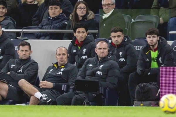 LONDON, ENGLAND - Saturday, January 11, 2020: Liverpool's substitutes (L-R) goalkeeper Adrián San Miguel del Castillo, new signing Japan international Takumi Minamino, Xherdan Shaqiri and Neco Williams on the bench during the FA Premier League match between Tottenham Hotspur FC and Liverpool FC at the Tottenham Hotspur Stadium. (Pic by David Rawcliffe/Propaganda)