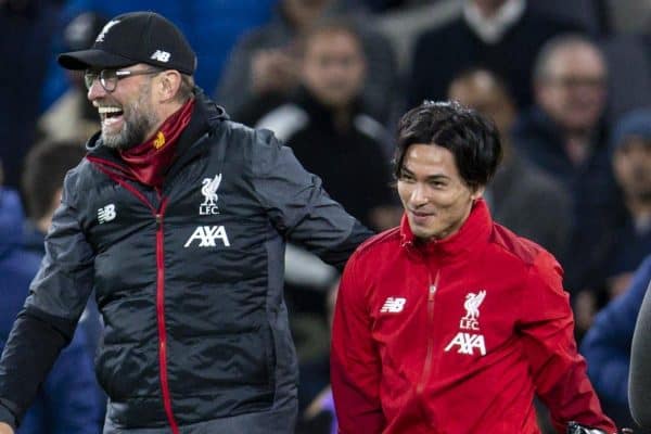 LONDON, ENGLAND - Saturday, January 11, 2020: Liverpool's manager Jürgen Klopp celebrates with new signing Japan international Takumi Minamino after the FA Premier League match between Tottenham Hotspur FC and Liverpool FC at the Tottenham Hotspur Stadium. Liverpool won 1-0. (Pic by David Rawcliffe/Propaganda)