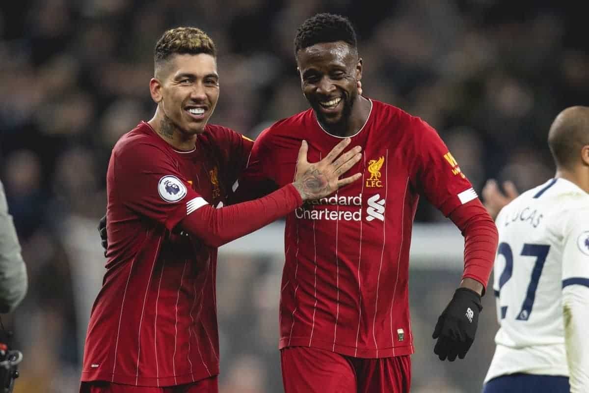 LONDON, ENGLAND - Saturday, January 11, 2020: Liverpool's Roberto Firmino (L) and Divock Origi celebrate after the FA Premier League match between Tottenham Hotspur FC and Liverpool FC at the Tottenham Hotspur Stadium. Liverpool won 1-0. (Pic by David Rawcliffe/Propaganda)