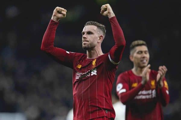 LONDON, ENGLAND - Saturday, January 11, 2020: Liverpool's captain Jordan Henderson celebrates after the FA Premier League match between Tottenham Hotspur FC and Liverpool FC at the Tottenham Hotspur Stadium. Liverpool won 1-0. (Pic by David Rawcliffe/Propaganda)