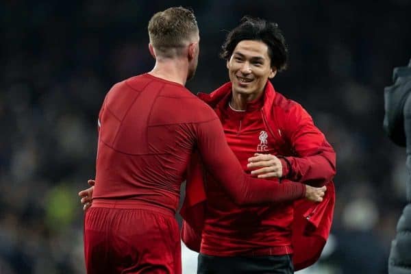 LONDON, ENGLAND - Saturday, January 11, 2020: Liverpool's new signing Japan international Takumi Minamino (R) celebrates with captain Jordan Henderson after the FA Premier League match between Tottenham Hotspur FC and Liverpool FC at the Tottenham Hotspur Stadium. Liverpool won 1-0. (Pic by David Rawcliffe/Propaganda)