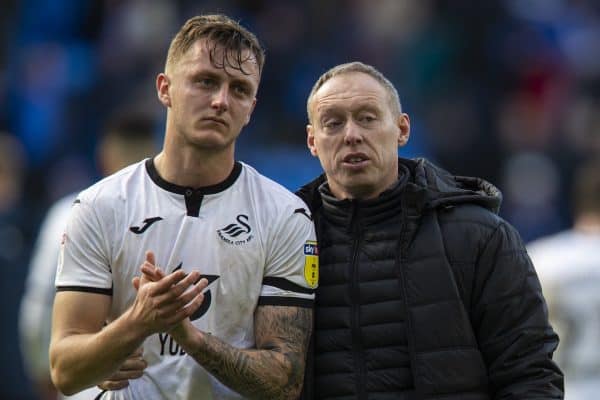 CARDIFF, WALES - Sunday, January 12, 2020: Swansea City's Ben Wilmot (L) and manager Steve Cooper after the Football League Championship match between Cardiff City FC and Swansea City FC at the Cardiff City Stadium. The game ended in a goal-less draw. (Pic by David Rawcliffe/Propaganda)