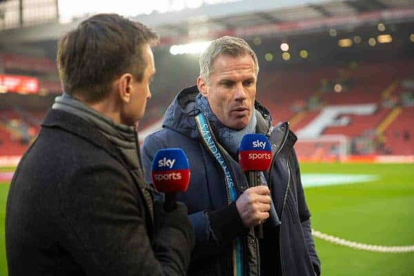 LIVERPOOL, ENGLAND - Sunday, January 19, 2020: Former Liverpool player Jamie Carragher (R) and former Manchester United player Gary Neville (L) working for Sky Sports before the FA Premier League match between Liverpool FC and Manchester United FC at Anfield. (Pic by David Rawcliffe/Propaganda)