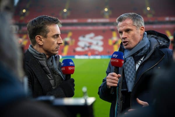 LIVERPOOL, ENGLAND - Sunday, January 19, 2020: Former Liverpool player Jamie Carragher (R) and former Manchester United player Gary Neville (L) working for Sky Sports before the FA Premier League match between Liverpool FC and Manchester United FC at Anfield. (Pic by David Rawcliffe/Propaganda)