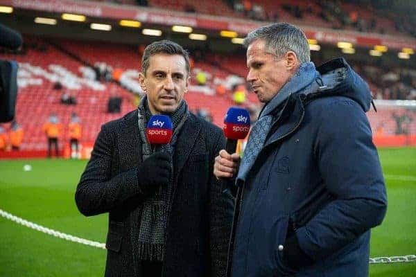 LIVERPOOL, ENGLAND - Sunday, January 19, 2020: Former Liverpool player Jamie Carragher (R) and former Manchester United player Gary Neville (L) working for Sky Sports before the FA Premier League match between Liverpool FC and Manchester United FC at Anfield. (Pic by David Rawcliffe/Propaganda)