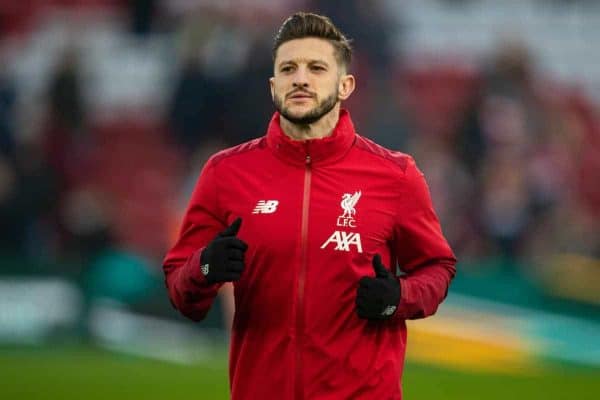 LIVERPOOL, ENGLAND - Sunday, January 19, 2020: Liverpool's Adam Lallana during the pre-match warm-up before the FA Premier League match between Liverpool FC and Manchester United FC at Anfield. (Pic by David Rawcliffe/Propaganda)