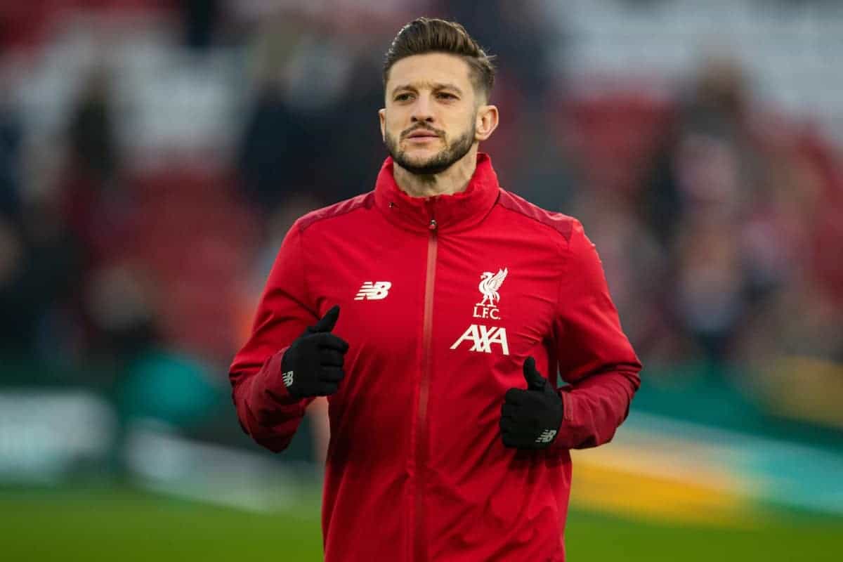 LIVERPOOL, ENGLAND - Sunday, January 19, 2020: Liverpool's Adam Lallana during the pre-match warm-up before the FA Premier League match between Liverpool FC and Manchester United FC at Anfield. (Pic by David Rawcliffe/Propaganda)