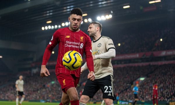 LIVERPOOL, ENGLAND - Sunday, January 19, 2020: Liverpool's Alex Oxlade-Chamberlain during the FA Premier League match between Liverpool FC and Manchester United FC at Anfield. (Pic by David Rawcliffe/Propaganda)