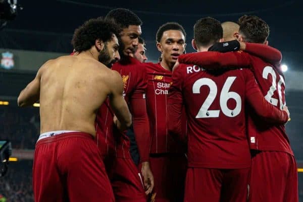 LIVERPOOL, ENGLAND - Sunday, January 19, 2020: Liverpool's Mohamed Salah (C) celebrates with team-mates after scoring the second goal during the FA Premier League match between Liverpool FC and Manchester United FC at Anfield. (Pic by David Rawcliffe/Propaganda)