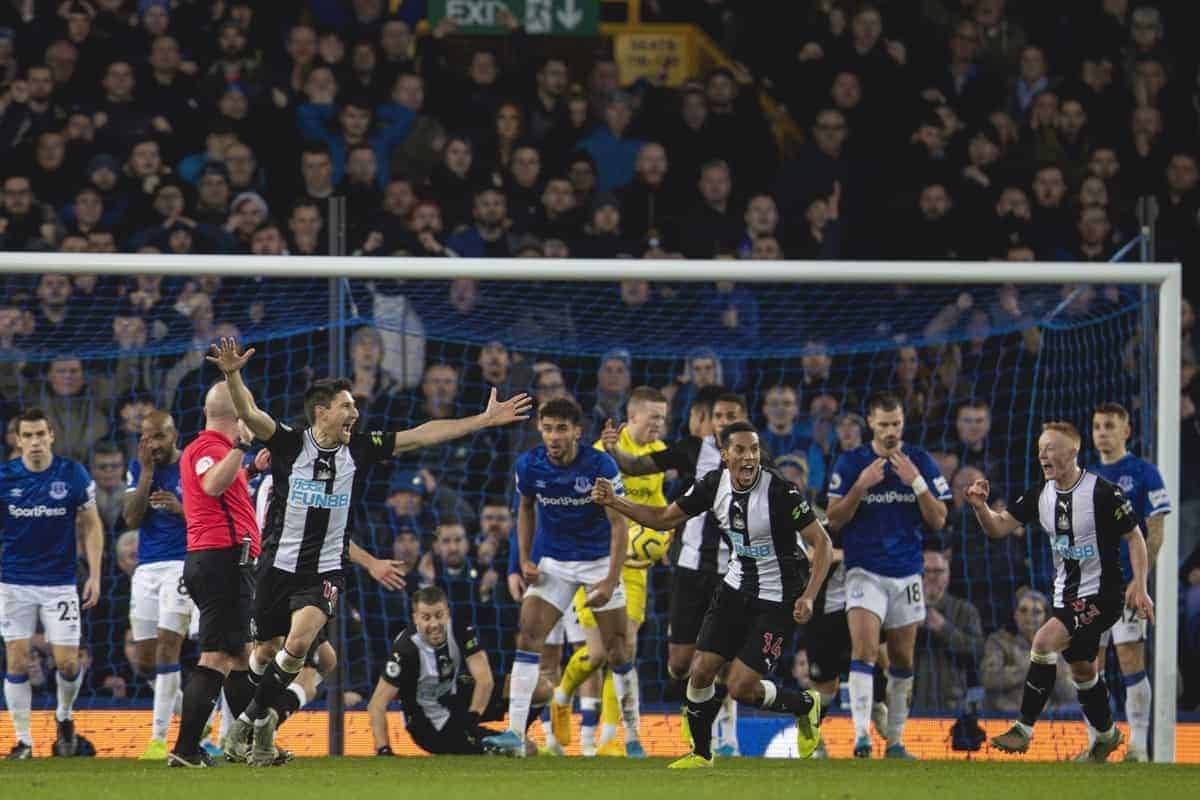 LIVERPOOL, ENGLAND - Tuesday, January 21, 2020: Newcastle United players celebrate after a second injury time goal by Florian Lejeune during the FA Premier League match between Everton FC and Newcastle United FC at Goodison Park. The game ended in a 2-2 draw. (Pic by David Rawcliffe/Propaganda)