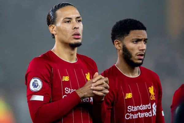 WOLVERHAMPTON, ENGLAND - Thursday, January 23, 2020: Liverpool's Virgil van Dijk and Joe Gomez before the FA Premier League match between Wolverhampton Wanderers FC and Liverpool FC at Molineux Stadium. (Pic by David Rawcliffe/Propaganda)