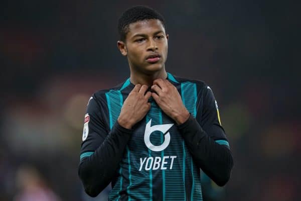 STOKE-ON-TRENT, ENGLAND - Saturday, January 25, 2020: Swansea City's Rhian Brewster takes off his shirt for supporters after the Football League Championship match between Stoke City FC and Swansea City FC at the Britannia Stadium. Swansea City lost 2-0. (Pic by David Rawcliffe/Propaganda)