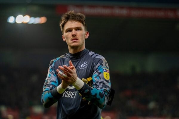 STOKE-ON-TRENT, ENGLAND - Saturday, January 25, 2020: Swansea City's goalkeeper Freddie Woodman applauds the supporters after the Football League Championship match between Stoke City FC and Swansea City FC at the Britannia Stadium. Swansea City lost 1-0. (Pic by David Rawcliffe/Propaganda)