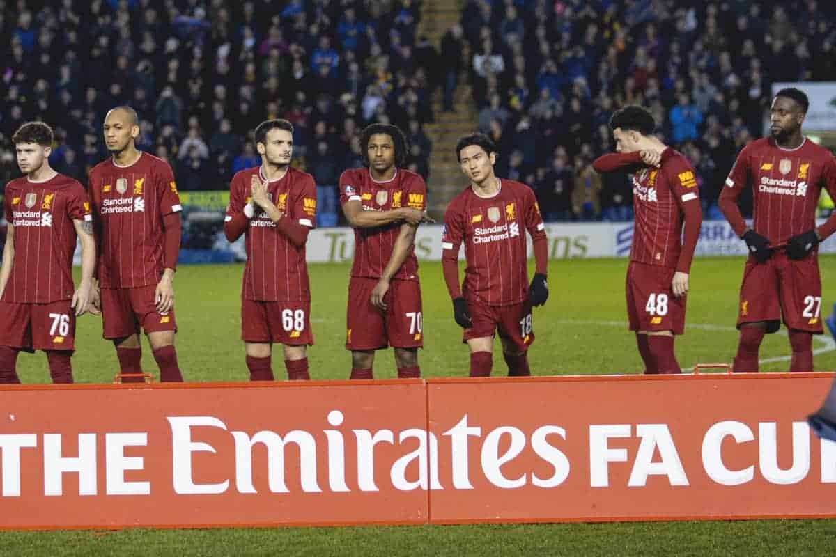 SHREWSBURY, ENGLAND - Sunday, January 26, 2020: Liverpool players before the FA Cup 4th Round match between Shrewsbury Town FC and Liverpool FC at the New Meadow. Dejan Lovren, goalkeeper Adrián San Miguel del Castillo, Joel Matip, Neco Williams, Fabio Henrique Tavares 'Fabinho', Pedro Chirivella, Yasser Larouci, Takumi Minamino, Curtis Jones, Divock Origi, Harvey Elliott. (Pic by David Rawcliffe/Propaganda)