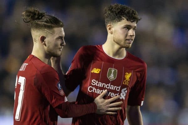 SHREWSBURY, ENGLAND - Sunday, January 26, 2020: Liverpool's Neco Williams celebrates with team-mate Harvey Elliott (L) after his cross forced a Shrewsbury Town own-goal to give his side a 2-0 lead during the FA Cup 4th Round match between Shrewsbury Town FC and Liverpool FC at the New Meadow. (Pic by David Rawcliffe/Propaganda)