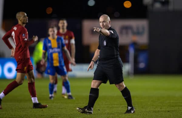 SHREWSBURY, ENGLAND - Sunday, January 26, 2020: Referee Simon Hooper during the FA Cup 4th Round match between Shrewsbury Town FC and Liverpool FC at the New Meadow. (Pic by David Rawcliffe/Propaganda)