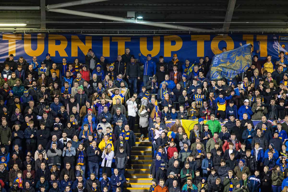 SHREWSBURY, ENGLAND - Sunday, January 26, 2020: Shrewsbury Town supporters during the FA Cup 4th Round match between Shrewsbury Town FC and Liverpool FC at the New Meadow. (Pic by David Rawcliffe/Propaganda)
