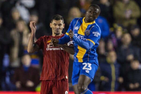 SHREWSBURY, ENGLAND - Sunday, January 26, 2020: Liverpool's Dejan Lovren (L) challenges for a header with Shrewsbury Town's Daniel Udoh during the FA Cup 4th Round match between Shrewsbury Town FC and Liverpool FC at the New Meadow. (Pic by David Rawcliffe/Propaganda)