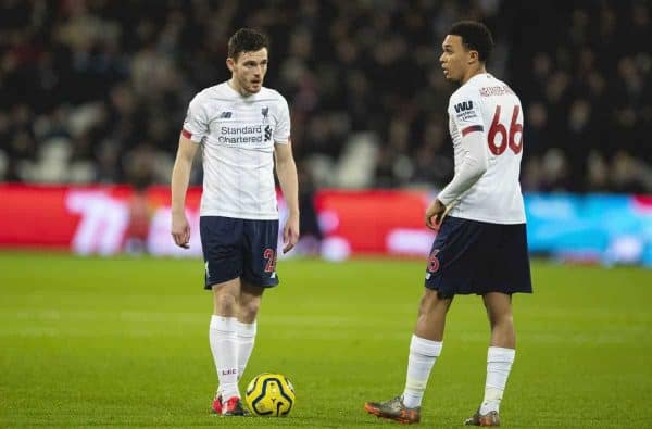 LONDON, ENGLAND - Wednesday, January 29, 2020: Liverpool's Trent Alexander-Arnold (R) and Andy Robertson prepare to take a free-kick during the FA Premier League match between West Ham United FC and Liverpool FC at the London Stadium. (Pic by David Rawcliffe/Propaganda)