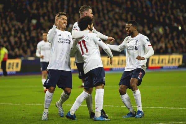 LONDON, ENGLAND - Wednesday, January 29, 2020: Liverpool's Mohamed Salah scores the first goal, from a penalty, with team-mate during the FA Premier League match between West Ham United FC and Liverpool FC at the London Stadium. (Pic by David Rawcliffe/Propaganda)