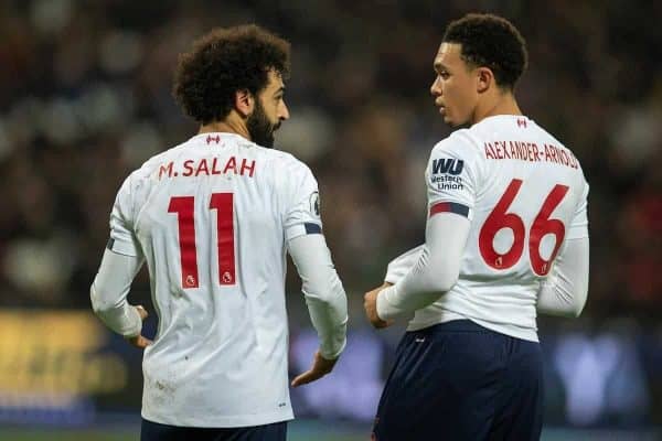 LONDON, ENGLAND - Wednesday, January 29, 2020: Liverpool's Mohamed Salah (L) and Trent Alexander-Arnold during the FA Premier League match between West Ham United FC and Liverpool FC at the London Stadium. (Pic by David Rawcliffe/Propaganda)