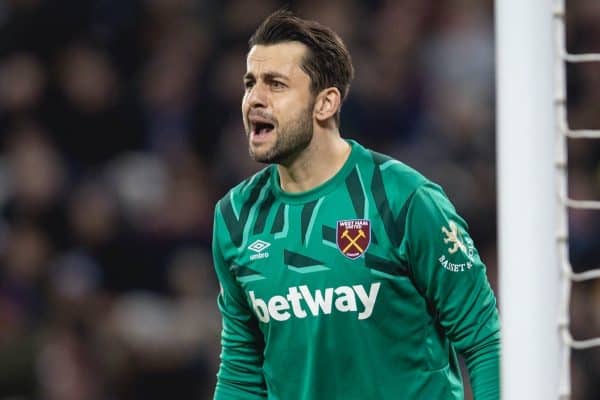 LONDON, ENGLAND - Wednesday, January 29, 2020: West Ham United's goalkeeper Lukasz Fabianski during the FA Premier League match between West Ham United FC and Liverpool FC at the London Stadium. (Pic by David Rawcliffe/Propaganda)