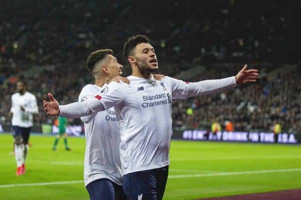 LONDON, ENGLAND - Wednesday, January 29, 2020: Liverpool's Alex Oxlade-Chamberlain celebrates scoring the second goal with team-mate Roberto Firmino (L) during the FA Premier League match between West Ham United FC and Liverpool FC at the London Stadium. Liverpool won 2-0. (Pic by David Rawcliffe/Propaganda)