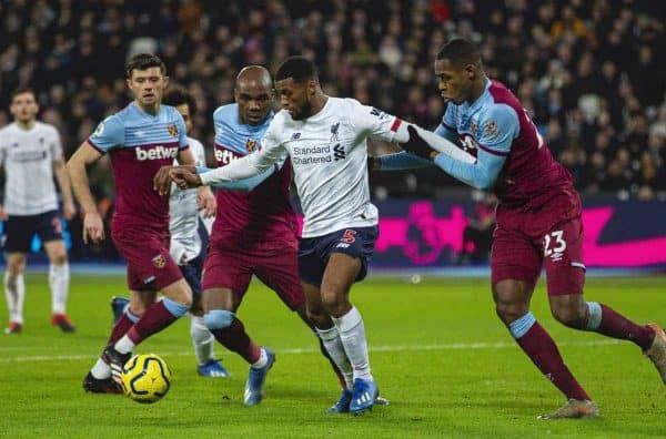 LONDON, ENGLAND - Wednesday, January 29, 2020: Liverpool's Georginio Wijnaldum during the FA Premier League match between West Ham United FC and Liverpool FC at the London Stadium. (Pic by David Rawcliffe/Propaganda)