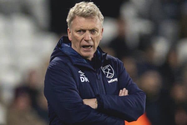 LONDON, ENGLAND - Wednesday, January 29, 2020: West Ham United's manager David Moyes during the FA Premier League match between West Ham United FC and Liverpool FC at the London Stadium. (Pic by David Rawcliffe/Propaganda)