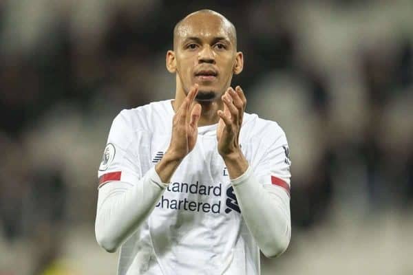 LONDON, ENGLAND - Wednesday, January 29, 2020: Liverpool's Fabio Henrique Tavares 'Fabinho' celebrates after the FA Premier League match between West Ham United FC and Liverpool FC at the London Stadium. Liverpool won 2-0. (Pic by David Rawcliffe/Propaganda)