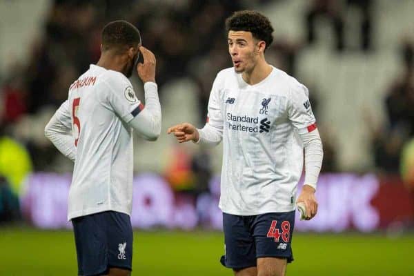 LONDON, ENGLAND - Wednesday, January 29, 2020: Liverpool's Curtis Jones (R) and Georginio Wijnaldum after the FA Premier League match between West Ham United FC and Liverpool FC at the London Stadium. Liverpool won 2-0. (Pic by David Rawcliffe/Propaganda)