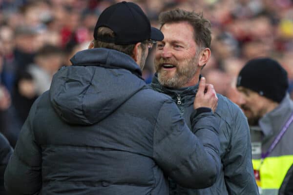 LIVERPOOL, ENGLAND - Saturday, February 1, 2020: Southampton's manager Ralph Hasenhüttl (R) and Liverpool's manager Jürgen Klopp before the FA Premier League match between Liverpool FC and Southampton FC at Anfield. (Pic by David Rawcliffe/Propaganda)