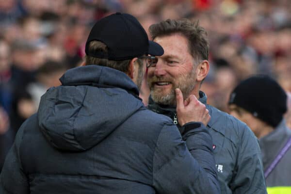 LIVERPOOL, ENGLAND - Saturday, February 1, 2020: Southampton's manager Ralph Hasenhüttl (R) and Liverpool's manager Jürgen Klopp before the FA Premier League match between Liverpool FC and Southampton FC at Anfield. (Pic by David Rawcliffe/Propaganda)