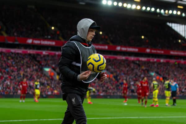 LIVERPOOL, ENGLAND - Saturday, February 1, 2020: A Liverpool ball-boy (ball assistant) during the FA Premier League match between Liverpool FC and Southampton FC at Anfield. (Pic by David Rawcliffe/Propaganda)