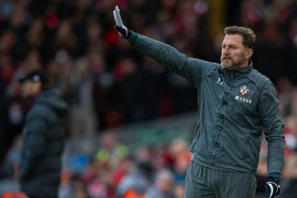 LIVERPOOL, ENGLAND - Saturday, February 1, 2020: Southampton's manager Ralph Hasenhüttl wearing gloves during the FA Premier League match between Liverpool FC and Southampton FC at Anfield. (Pic by David Rawcliffe/Propaganda)